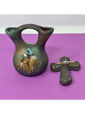 Jeremy Diller Irredescent Raku Wedding Vase & Cross Copper Sunburst Turquoise